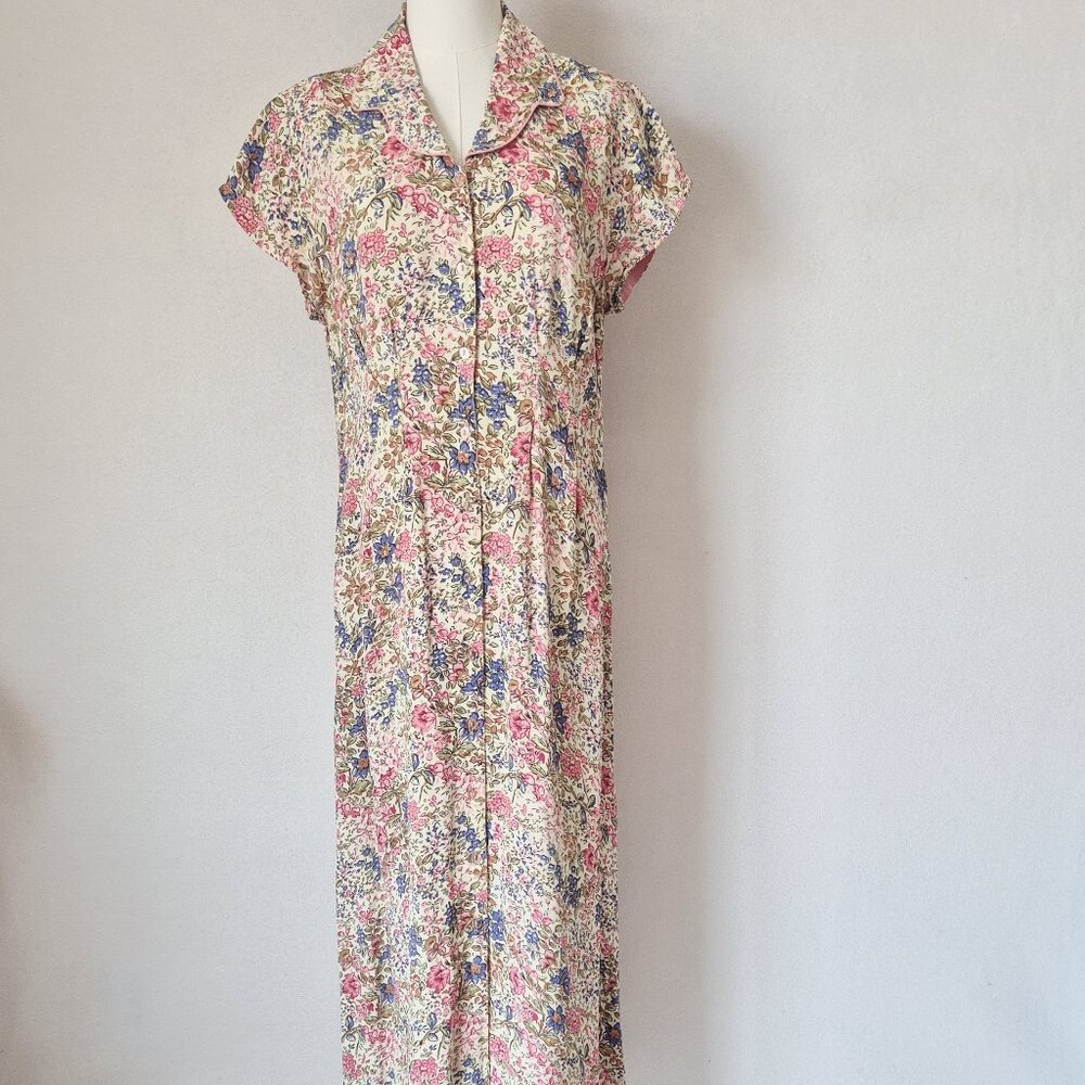 Vintage April Cornell Floral Rayon Chiffon Cottagecore Maxi Dress Cap-Sleeve - Picture 2 of 12